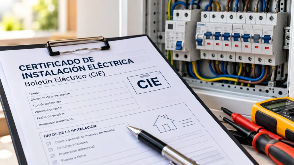 Certificado de instalación eléctrica CIE junto a un cuadro eléctrico.